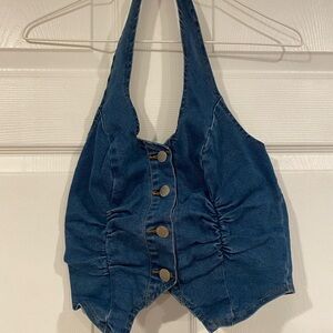 Blue Denim Halter Top with Button Detail